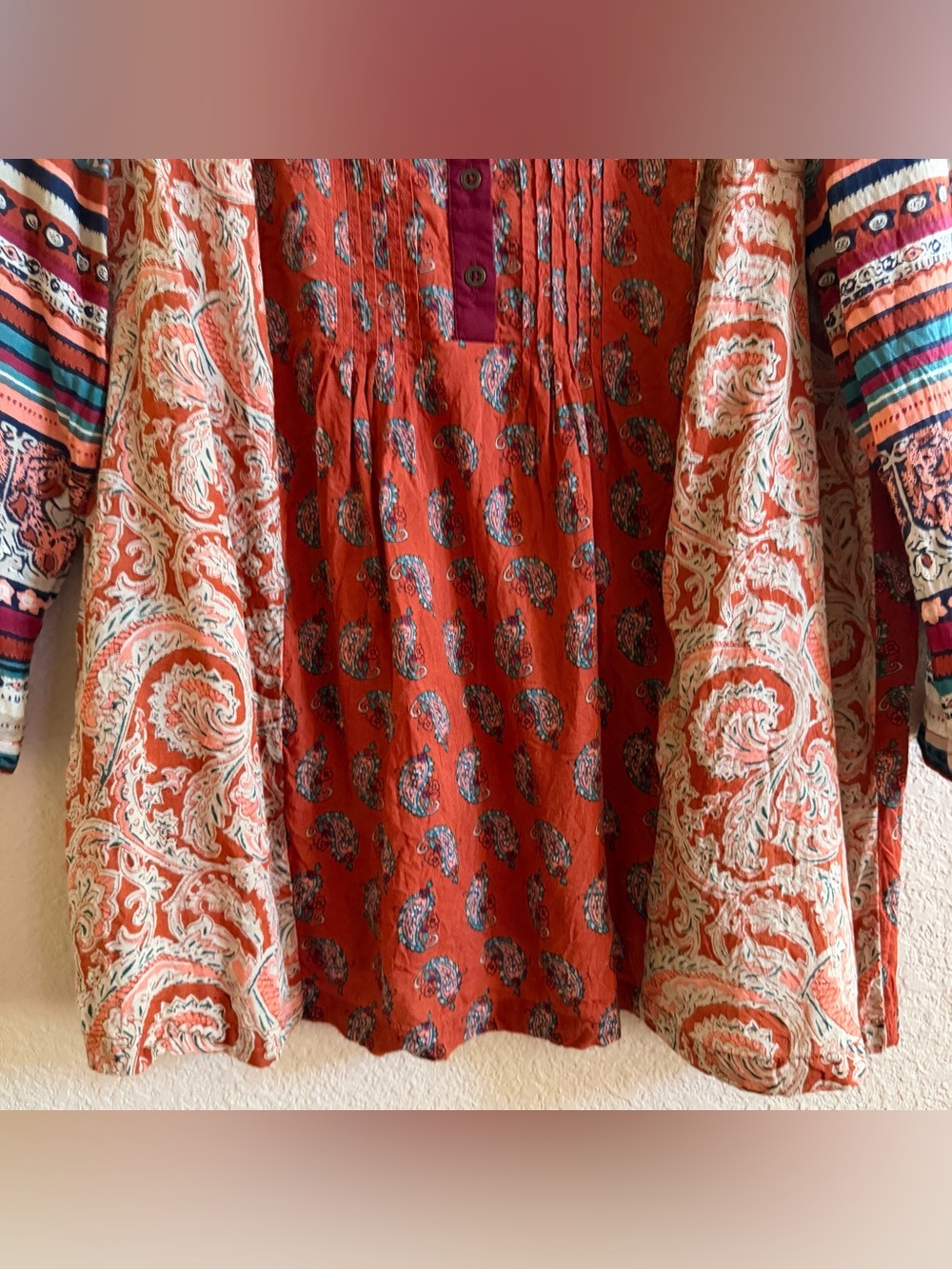 Lucky Brand Top Women XL Colorful Paisley Stripe 3/4 Sleeve Boho Granola Earthy - Picture 6 of 10